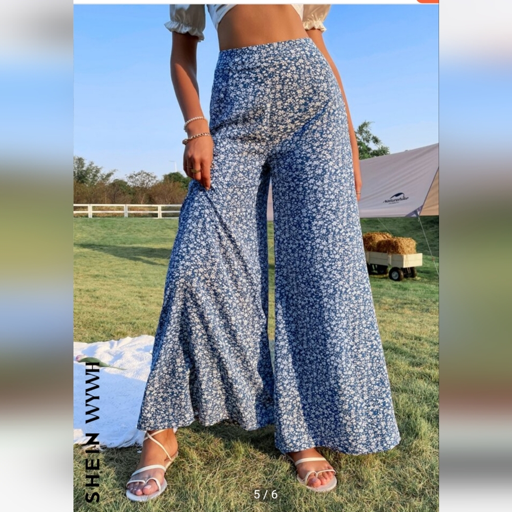 SHEIN Wide Leg Palazzo Pant Large Ditsy Floral Print Blue NWOT High Waist - Picture 2 of 12